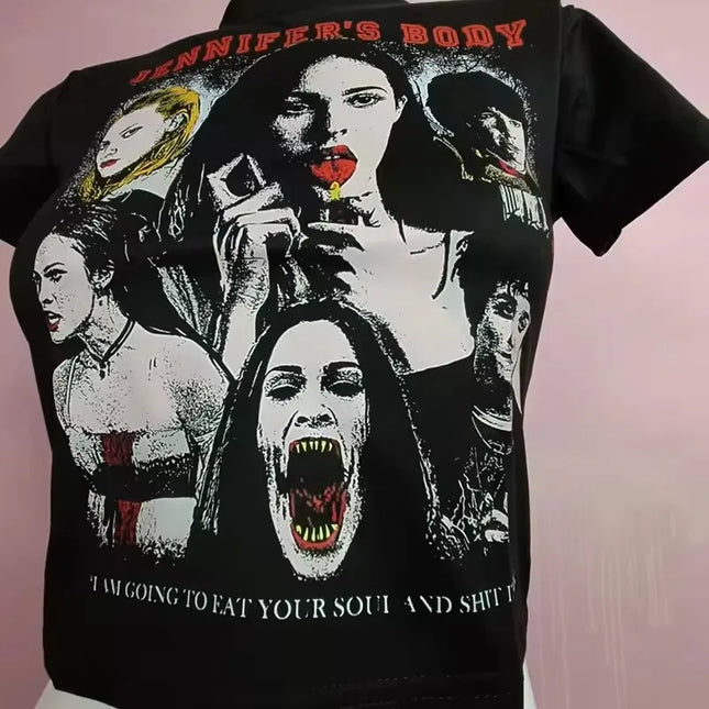 Women's T-shirt Harajuku crop Top Harajuku Retro Korean Black Demon Punk Gothic Anime Print Clothes Slim - product image 2