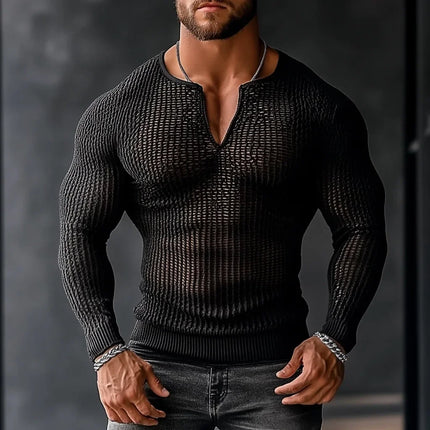 Casual Transparent Mesh Long Sleeve Shirt New Sexy Perspective Men Long Sleeve V-neck T-shirt Top Bar Club Hollow Mesh Men's Top