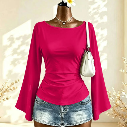 Women Boat Neck Flare Long Sleeve Side Ruched Fitted Casual Blouse Slim Fit Basic Top