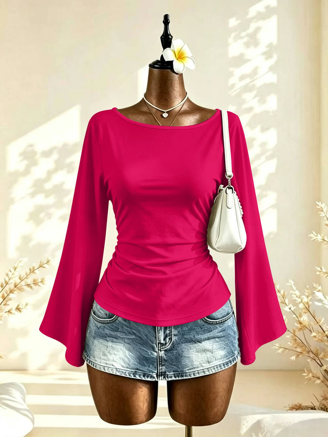 Women Boat Neck Flare Long Sleeve Side Ruched Fitted Casual Blouse Slim Fit Basic Top