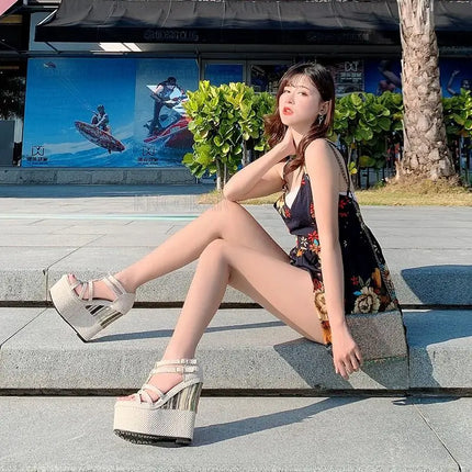 2026 Summer New Line One Button Ultra High Heel Slope Heel Waterproof Platform Ethnic Style Thick Sole 12-14-16cm Women's Sandal