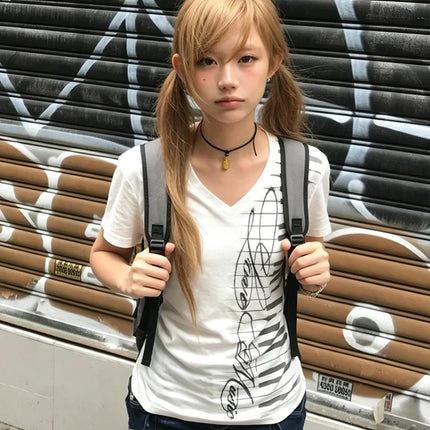 Tonngirls Y2k Aesthetic T Shrit Women V Neck Print Graphic Tops Japanese 2000s Vintage Tee Tops E-girls American Retro Tshirts