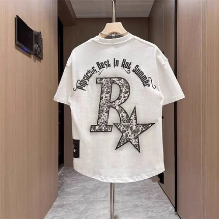 Summer Pure Cotton Breathable Short-sleeved T-shirt for Men with Letter Prints Trendy Fashion Round Neck Versatile T-shirt Top
