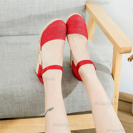 Linen Espadrille Women's Wedge Sandals Ankle Strap Breathable Lightweight Summer Footwear Female Roman Fashion Sandals Size 34