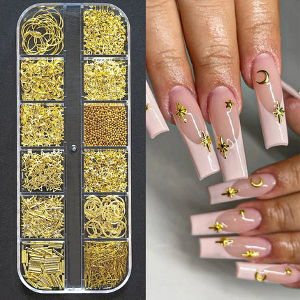 1 Box Half Round Flatback Nail Rhinestones Multi Size Gold& Silver Metal Pearls Caviar Nail Art Decorations Flat Back Gold Beads