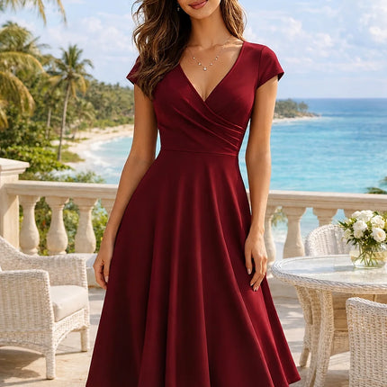 Women's Elegant Round Neck Summer Short Sleeve Solid A-Line Knee-length Dress High Waist Swagger Party Wedding Casual Departure