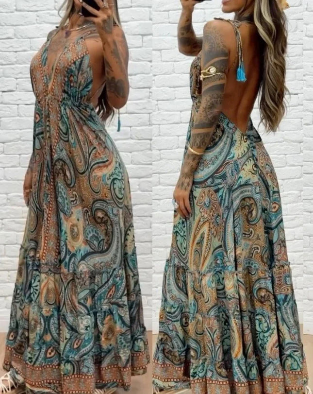 CPSYMYM Damenkleider Sommer Retro Vintage Tribal Print Neckholder Tiefer V-Ausschnitt zum Schnüren A-Linien-Kleid ausgestellt mit Rüschensaum