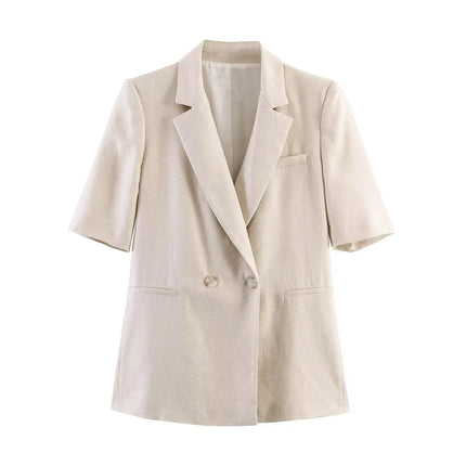 Women's Two Piece Suit Summer 2026 Double Breasted Short Sleeve Blazer High Waist Wide Leg Trousers Female Commute Office Set