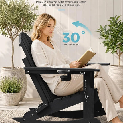 All Weather HDPE Adirondack Rocking Chairs Set Of 2, Foldable Patio Rocker Chairs With Retractable Ottoman And Cup Holder, Outdoor Lounge Seating For Porch Backyard Deck Garden Poolside, Black