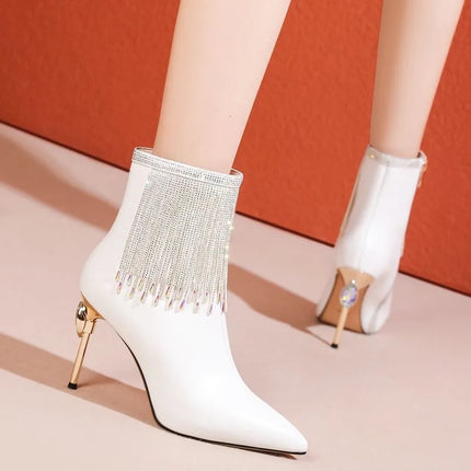 High Heel Women's Boots 2025 Winter Fashion PU Leather Pointed Toe Ankle Boots Crystal Luxury High Heels Pumps Zapatos