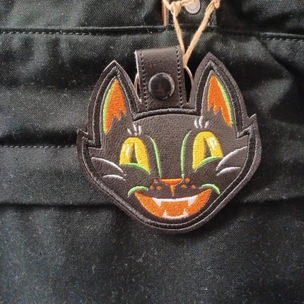 Vintage Halloween Scaredy Black Cat - Embroidered Vinyl Keychain