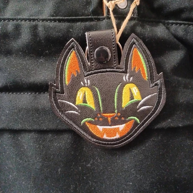 Vintage Halloween Scaredy Black Cat - Embroidered Vinyl Keychain