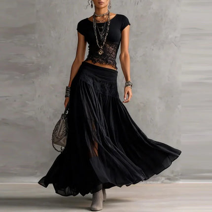 New Boho 2 Piece Set Women Solid Pachwork Lace Trim Crop Top Maxi Skirt Suit Elegant Sheer Long Dress Summer Beach Party Outfits