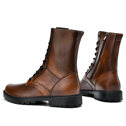 Men's Brown Leather Combat Boots High-Top Lace-Up with Side Zipper Plus Big Size 49 50 51 52