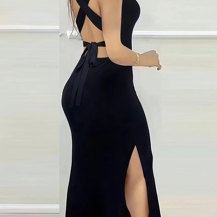 Women's Summer Solid Color Backless Cross-Strap Sexy Dress