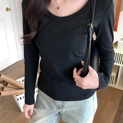 U Neck Long Sleeve T-Shirt Autumn Winter Cotton Slim Casual Top Basic Solid Bottom Shirts Korean