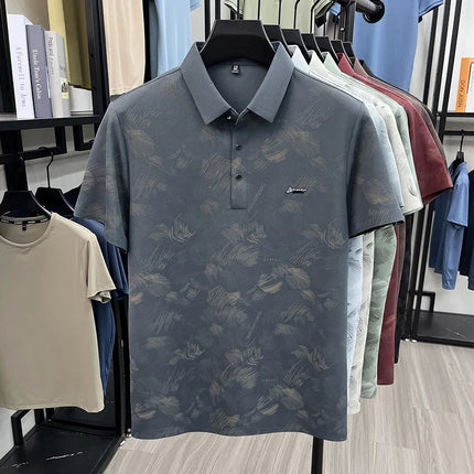 Mens Business Casual Feather Print Short Sleeve Polo Shirts Tops Soft Breathable Fashion Shirts for Men