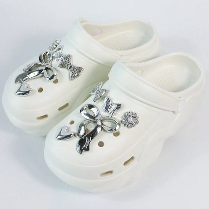 Women DIY Silver Butterfly-Knot Fashion Bow Decor Clogs Summer Sping Autumn Beach Sandals Cave Hole Garden Shoes Students Girls