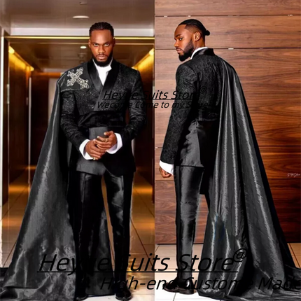 Customized Black Jacquard Shawl Lapel Jacket Pant Cape Groom Wedding Tuxedos Luxuly Male Prom Party Blazers Handsome Ropa Hombre