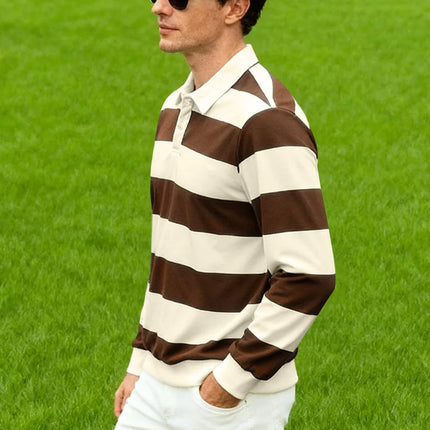 Men's striped rugby polo long-sleeved collar shirt casual school outdoor sports casual 3d printing spring, autumn and winter