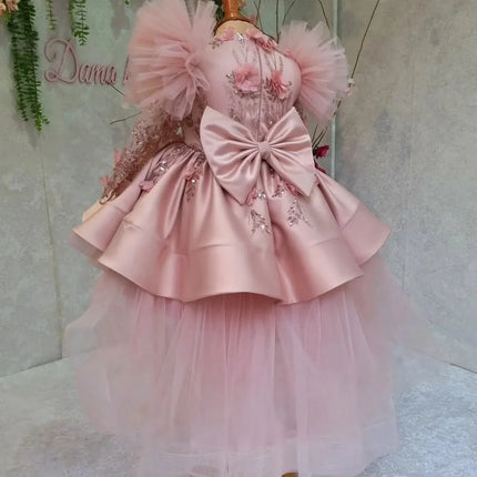 Custom Flower Girl Dress Wedding Gown First Christmas Party Dress Puff Sleeve Glitter Floral Appliqué High Low Gown for Girls