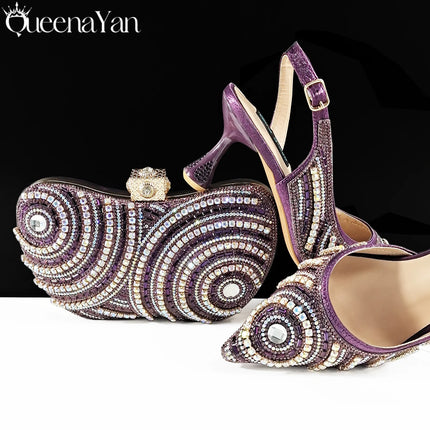 Queena Yan Nigerian Heel Party for Women Silver Color Shoes and Bag Set Rhinestone Handbag Italian Design Wedding INS 2025