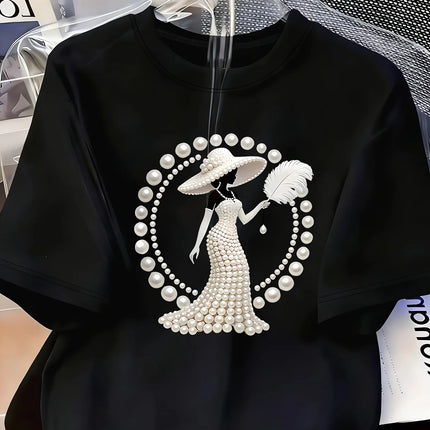 Women's Printed T-Shirt Pearl Diamond Jewelry Women's Design Casual Round Neck Short-sleeved Top Urban Style Printed T-Shirt