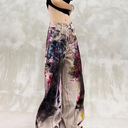 Y2k Jeans Ladies Cool Painted Graffiti With High Waist and Loose Fit Torn Jeans for Woman Women's Denim Pants Coquette Jean Pant