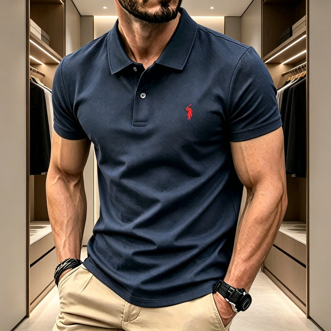 Men Breathable Fabric Solid Color Lapel Polo Shirt Short Sleeve Business Casual Tops With Mini Rider Figure Embroidery On Chest