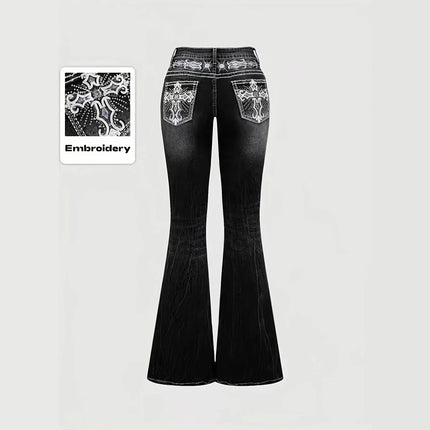 Slimming Micro Flare Pants Polyester Elastic Printed And Embroidered Denim Look Bottoms for Women Elegant Fashionable