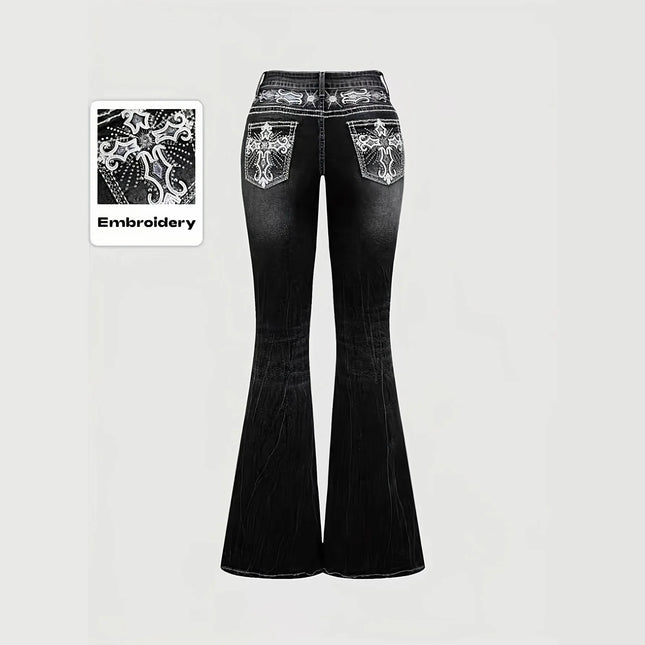 Schlankmachende Micro-Flare-Hose aus Polyester, elastisch, bedruckt und bestickt, im Denim-Look, für Damen, elegant und modisch