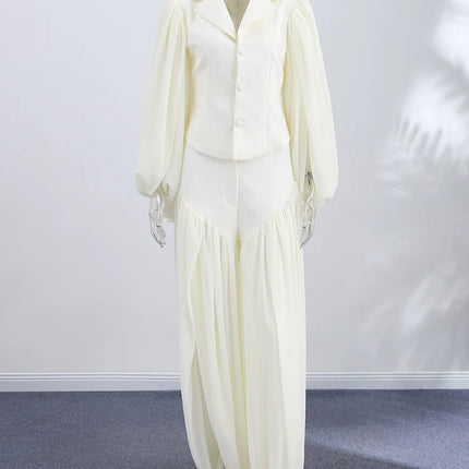Small Lapel Women's Two Piece Set Flare Sleeve Top High Slit Long Pants Fashion Two Piece Outfit Button Waist Cinching Cardigan