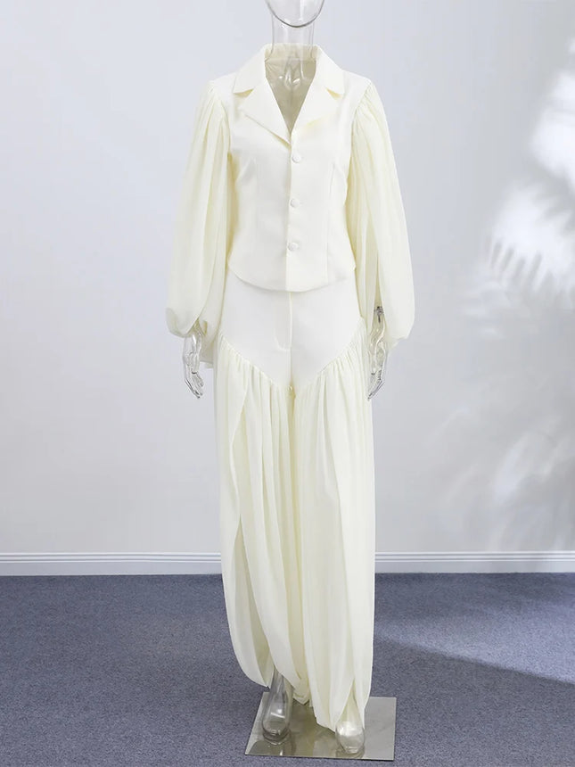 Kleines Revers zweiteiliges Damen-Set mit ausgestelltem Ärmel, Oberteil, hohem Schlitz, langer Hose, modisches zweiteiliges Outfit, Knopf-Taillenkardigan
