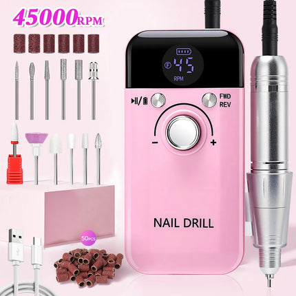 45000RPM Nail Drill Machine Portable Nail Polisher Low Voice Electric Professional Nail Lathe with HD LCD Display