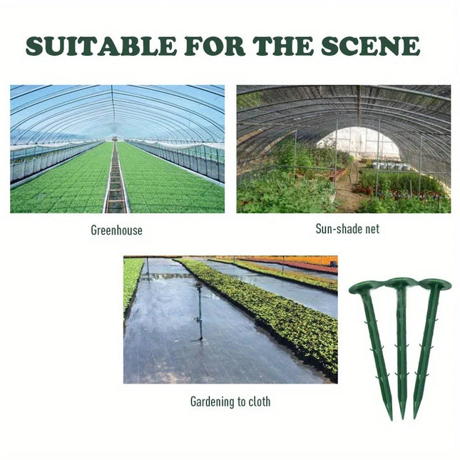 Three application scenes for the stakes: greenhouse, sun-shade net, and gardening cloth