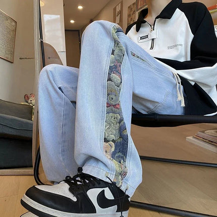2023 Embroidered Bear Jeans Men's Spring Fall Straight Leg Loose Plus Wide Leg Fashion Brand American High Street Casual Pants