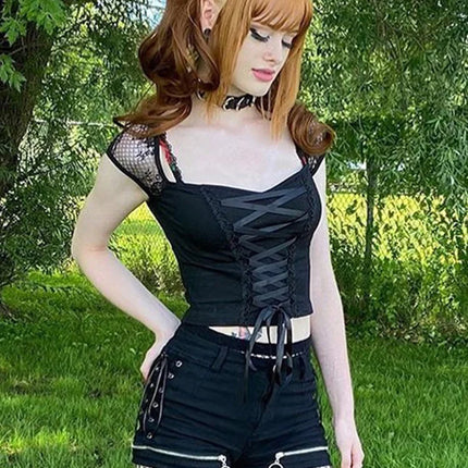 Vintage Tops Goth T-shirt Women Bodycon Bandage Lace Black T-shirts Gothic Streetwear Sexy Female Top Casual Mesh Tee