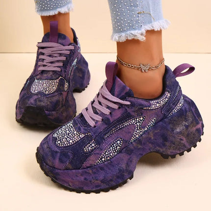 Fall New Heavy Industry Denim Rhinestone Platform Casual Women's Sneakers 2025 Round Toe Plus Size Single Shoes