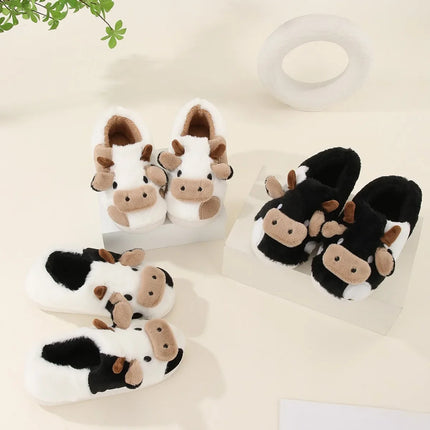 Plush cow house slippers displayed in three color combinations