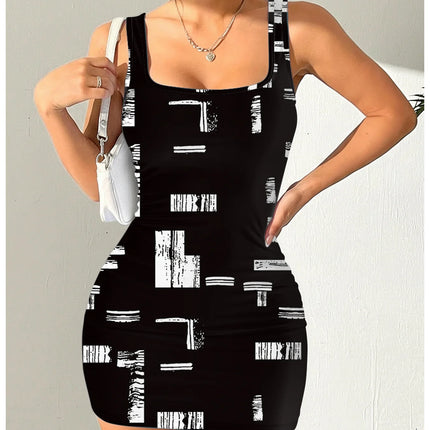 Women's Geometric Print Round Neck Sleeveless Camisole Dress Summer Casual Fashion Comfortable Mid-Length Skirt