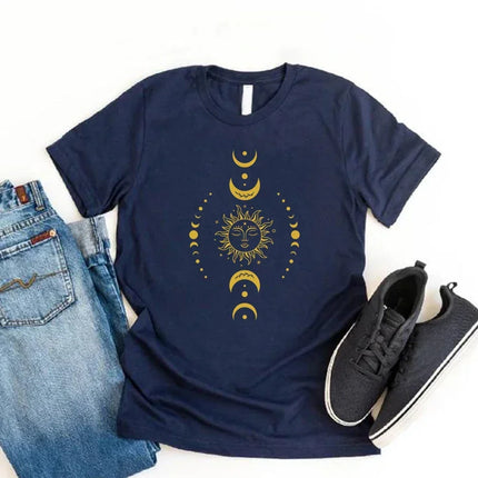 Sun and Moon Stars T-Shirt Celestial Tshirt Boho Sun Moon T-Shirts Women Short Sleeve T Shirts Retro Mystical Tee Women Clothes