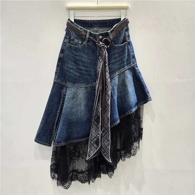 Jeansrock Damen Asymmetrischer Rock Patchwork Spitze Vintage Hohe Taille Gürtel Ausgeblichen Distressed Streetwear Frühling Sommer 2026