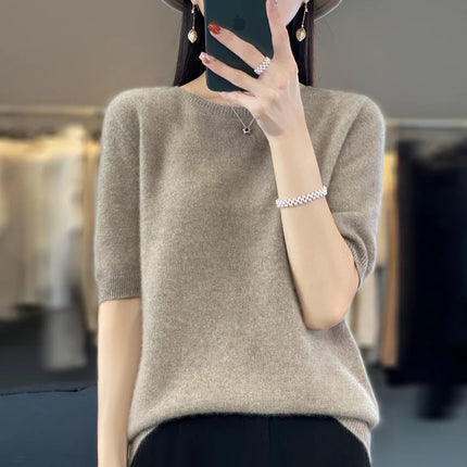 First-line ready-to-wear 100% Merino wool knitted short-sleeved women's loose solid color slim commuter five-point cuff T-shirt