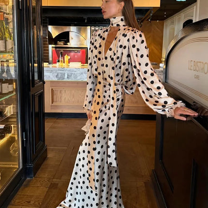 Polka Dot Skirt 2 Piece Set Women Casual High Collar Tie Full Sleeves Elastic High Waist Long Skirt Suit Lady Daily Outfit New