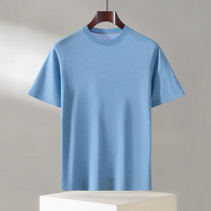 100% Lyocell Men's T-Shirt Casual Solid Color Knitted Pullover Short-Sleeved Loose Round Neck Tees Pull Vest Tops