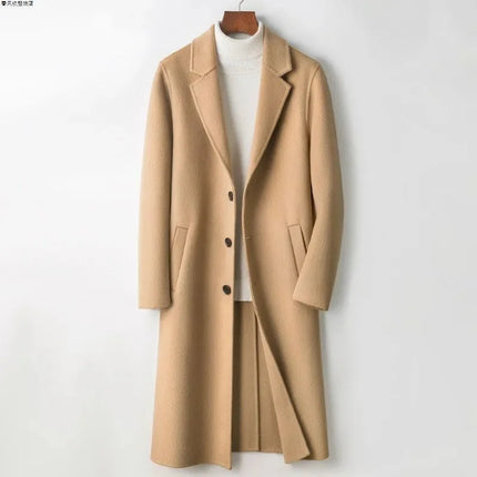 Men's Winter Long Coat Knee Length Warm And Wwindproof Single Breasted Suit Collar Camel Color