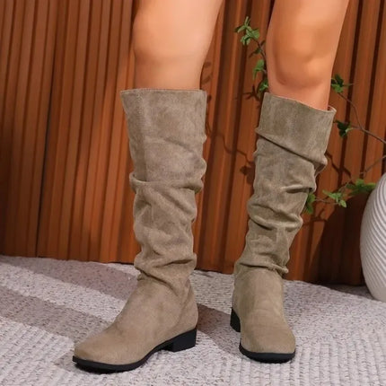 Plus Size Slip-On Western Boots Women High Tube Round Head Solid Color Flat Heel Fashion Boots Velvet Material Comfortable Winte