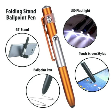 4 In 1 Multifunction Ballpoint Pen with LED Light Fold Phone Holder Night Read Writing Pencil Office School - product image f