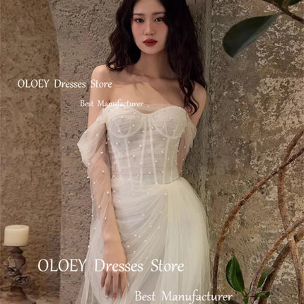 OLOEY Exquisite Ivory Wedding Dresses Photoshoot Pearls Sweetheart Long Sleeves Bridal Gowns Pleated High Slit Customized