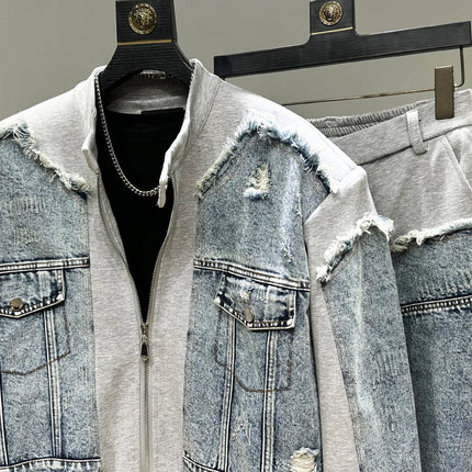 Fashion Casual Men's Denim Patchwork Jacket Set Loose Zipper Jackets Coat High Waist Wide Leg Pants Two-Piece Set Mens Autumn